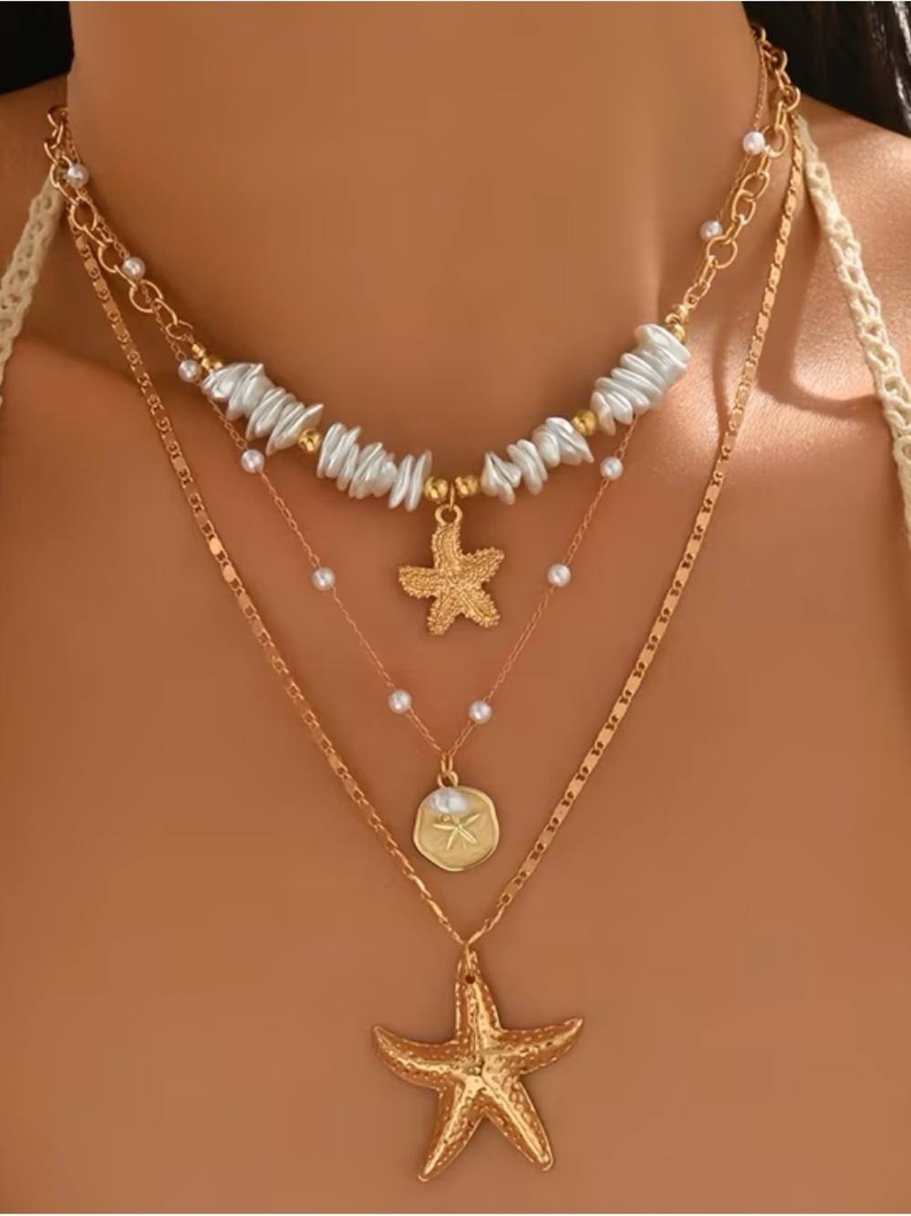 Gold Starfish Layered Necklace with White Shell Beads - Women Jewelry